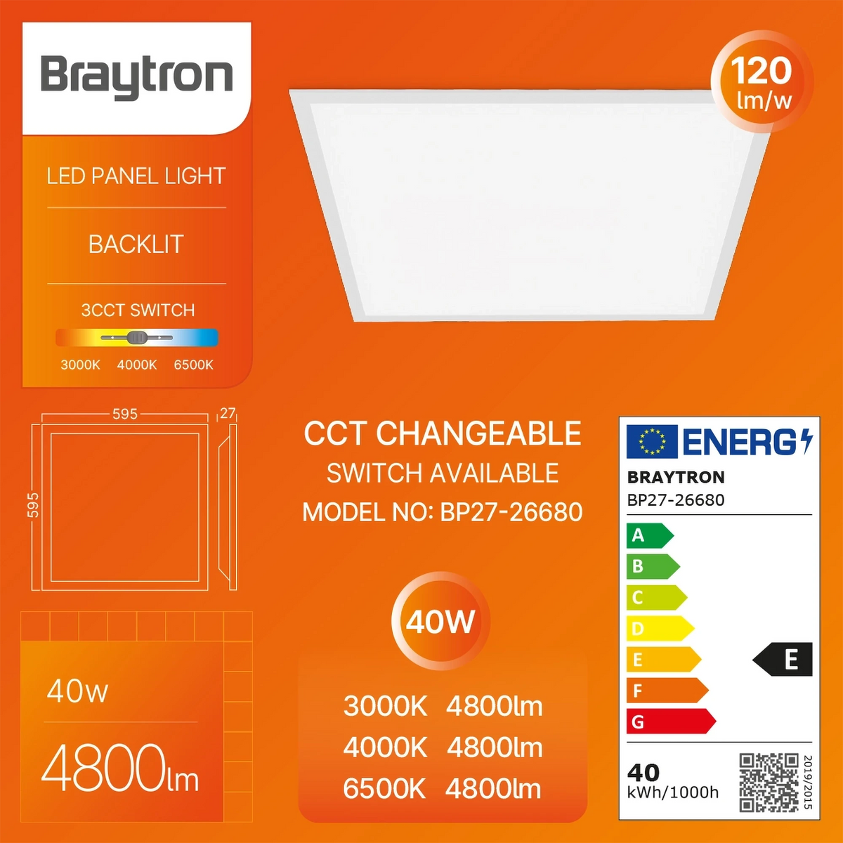 Braytron Backlite LED Paneel 40W Wit RC 595x595 3IN1