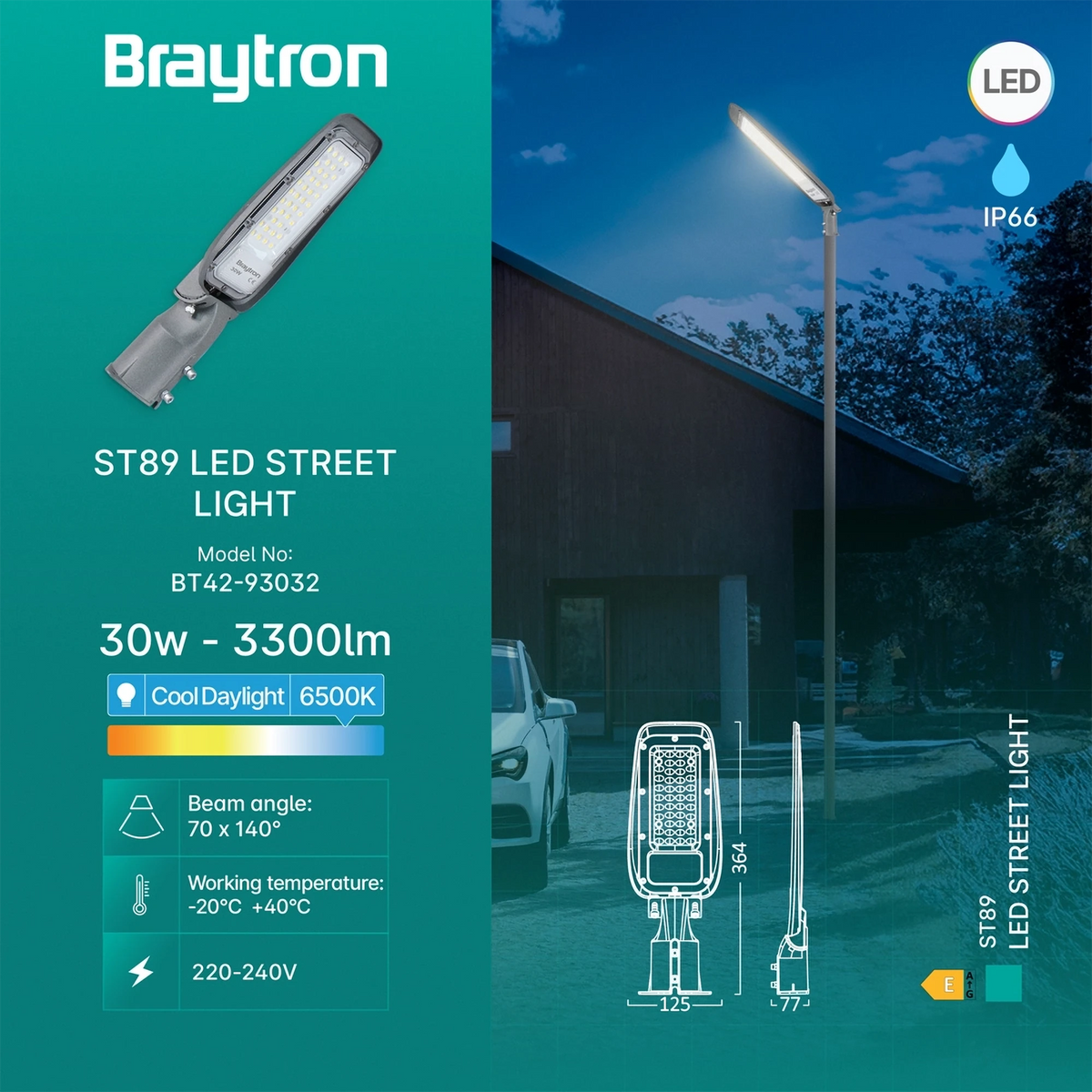 Braytron St89 Straatlamp 30W 6500K IP66 Grijs