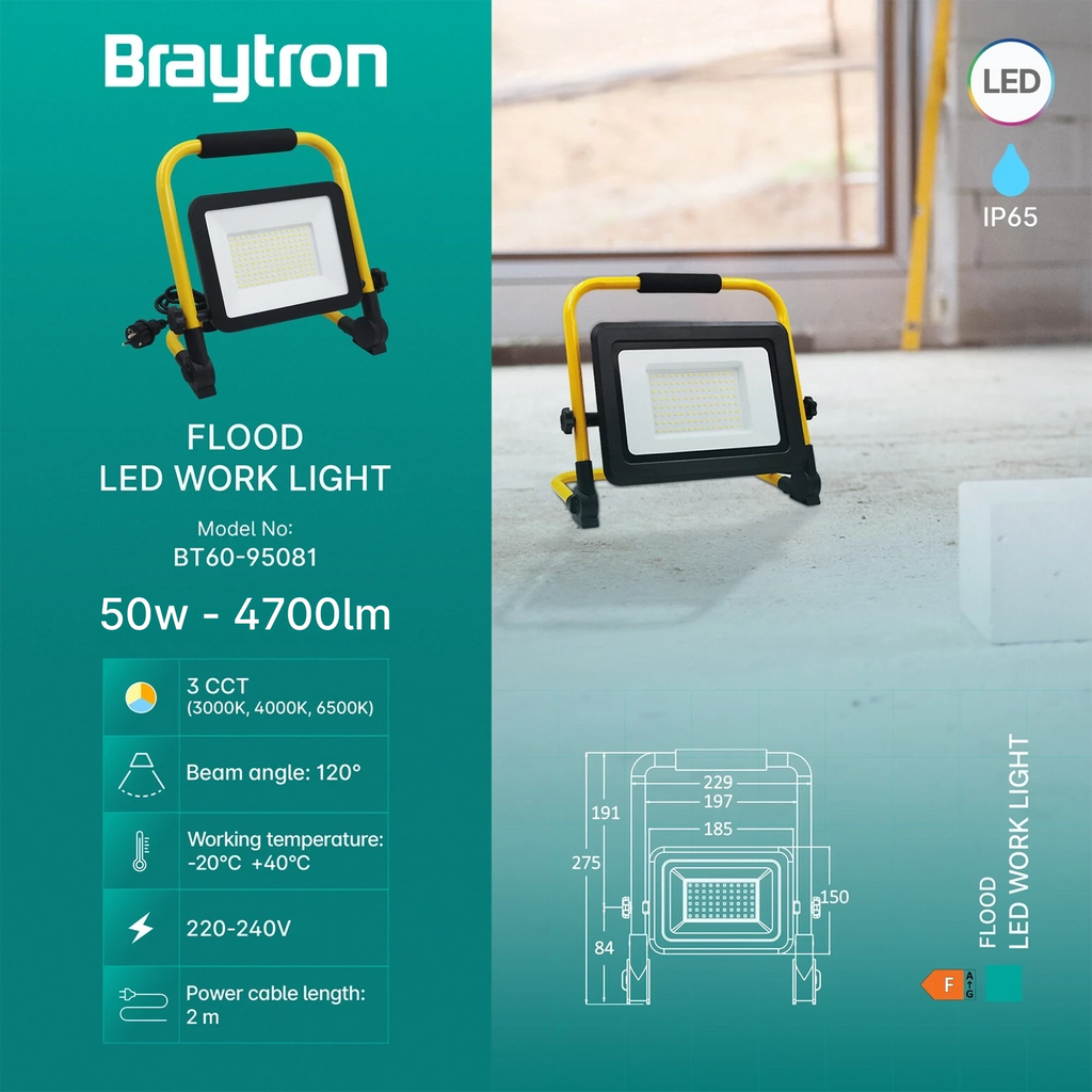 Braytron Flood Werklamp 50W Zwart WL 3IN1