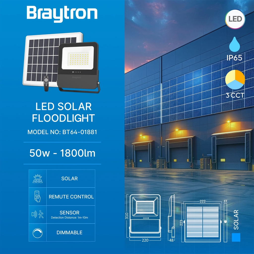 Braytron Solar Pl Solar Schijnwerper 50W IP65 3IN1 RMT