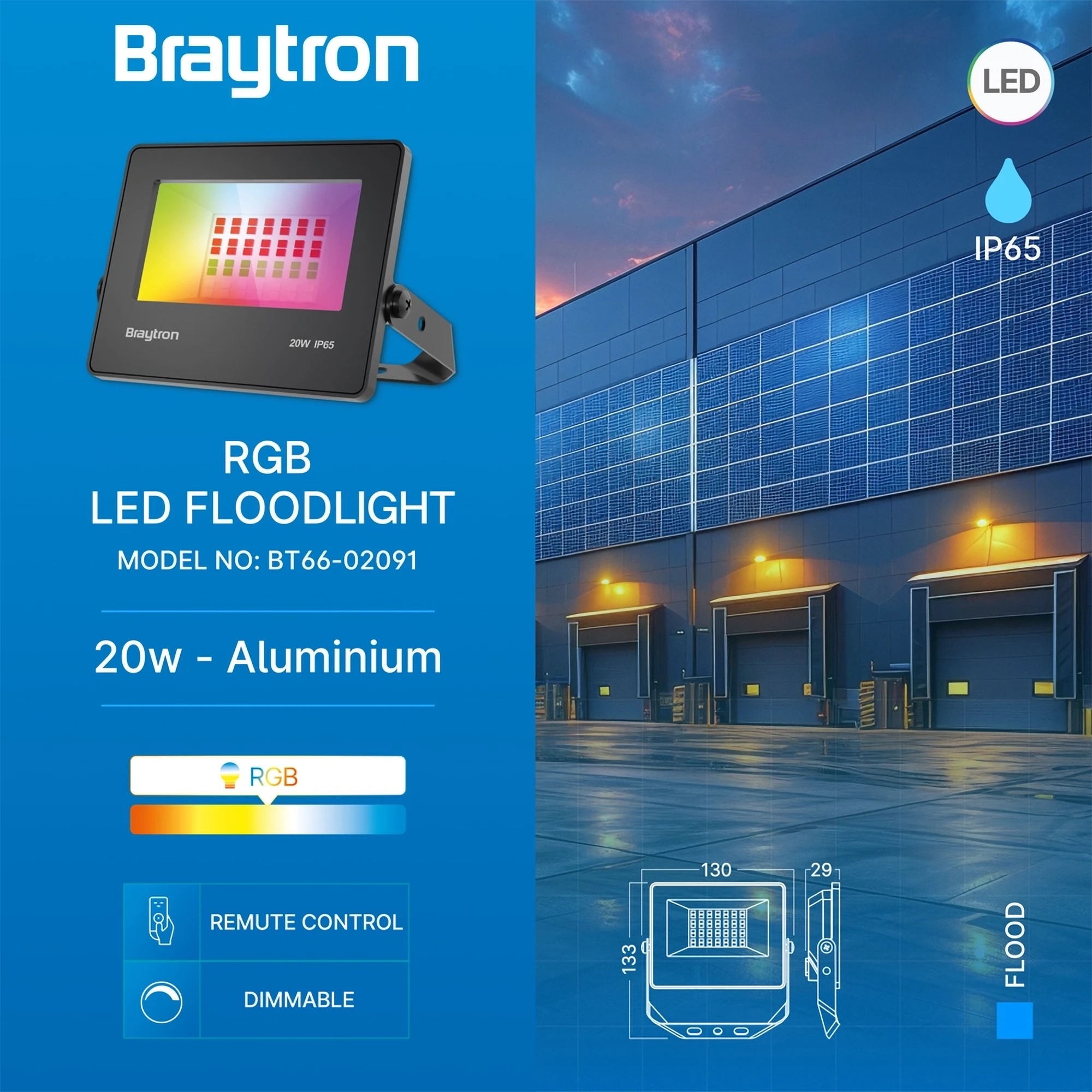 Braytron Flood LED Schijnwerper 20W IP65 RGB CF