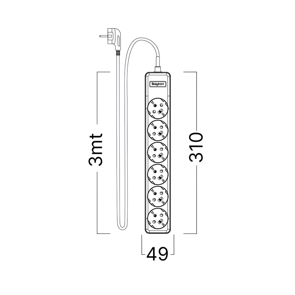 Braytron Xline Verlengsnoer met stekkerdoos 6WAY EU 3x1,5mm2 3M
